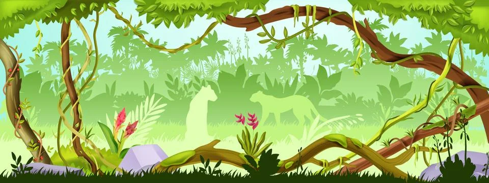 Jungle forest tree background, green wood vector landscape, leopard Stock Illustration