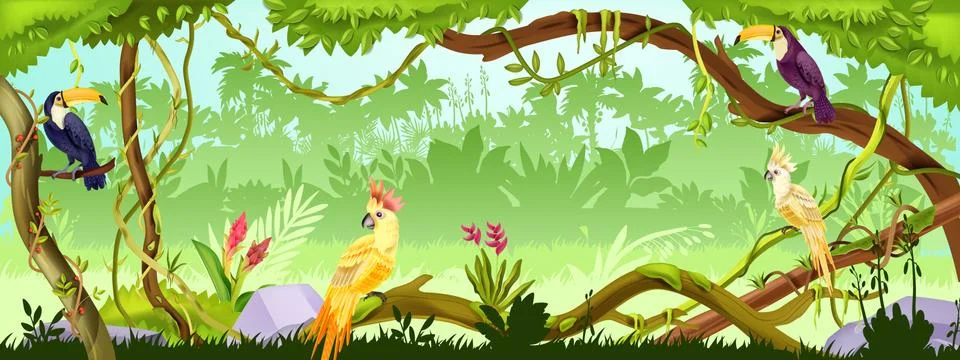 Jungle forest vector nature background, wood exotic landscape, green liana 스톡 일러스트