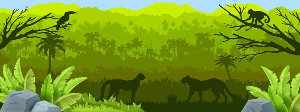 Jungle forest vector silhouette background, tropical Amazon outline landscape 스톡 일러스트