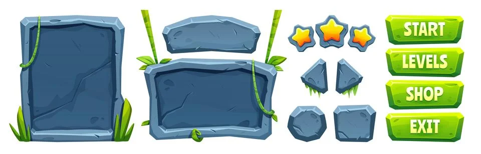 Jungle game ui elements with stone texture Stock Illustration