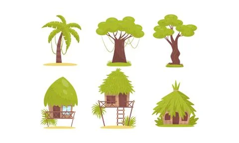 Jungle Landscape Elements Isolated On White Background Vector Set For Video Game Stock Illustration