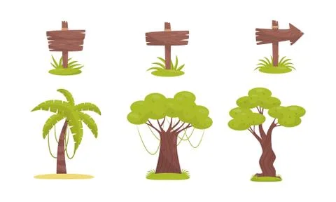 Jungle Landscape Elements Isolated On White Background Vector Set For Video Game Stock Illustration
