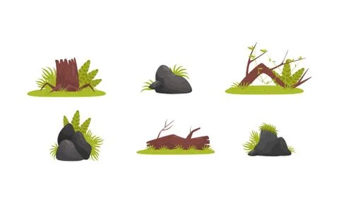 Jungle Landscape Elements Isolated On White Background Vector Set For Video Game Stock Illustration