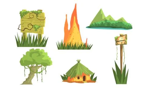 Jungle Landscape Elements Set, User Interface Assets for Mobile App or Video イラスト素材