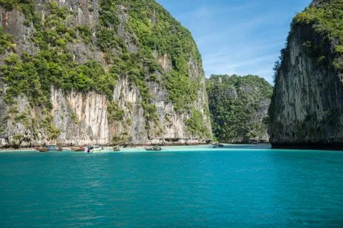 Jungle limestone cliffs around Phi-Phi Leh island Stock Photos