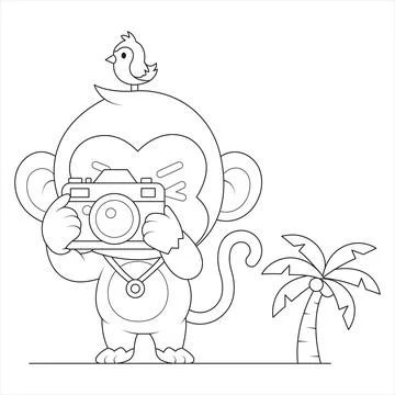 Jungle Monkey Taking Photos With Camera And Little Bird Outline Coloring Pa.. Stock Illustration