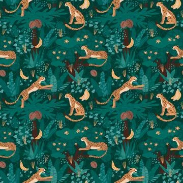 Jungle pattern. Leopard animal in tropic, african nature print with tiger or 스톡 일러스트