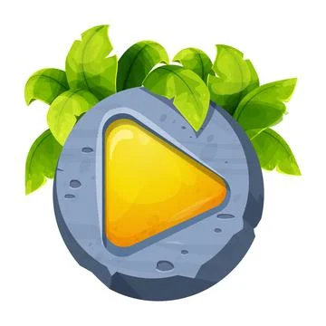 Jungle play or start button with stone and leaves decorations in funny cartoon Stock Illustration