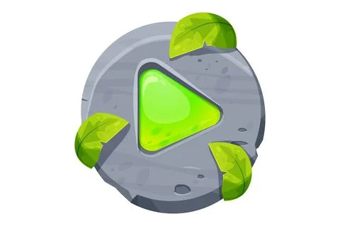Jungle play or start button with stone and leaves decorations in funny cartoon Stock Illustration