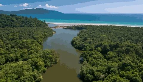 Jungle River Reaching a Pristine Tropical Beach Stock Illustration