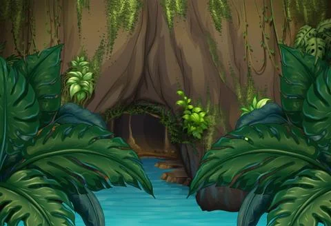 Jungle scene with river and cave Stock Illustration