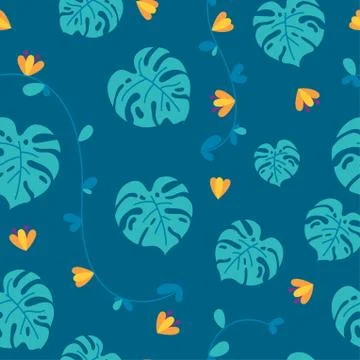 Jungle seamless pattern with flowers, monstera leaves and lianas. Tropical Stock Illustration