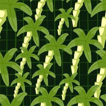 Jungle seamless pattern with green random palm tree silhouettes. Chequered ba Stock Illustration