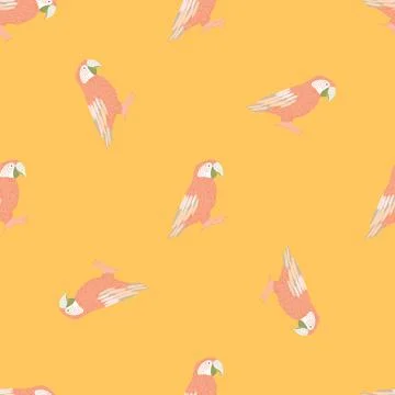 Jungle seamless pattern with pastel pink ara parrot silhouettes. Orange backg Stock Illustration