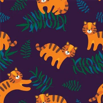 Jungle seamless pattern with tigers and leaves. Tropical vector illustration in Illustrazione stock