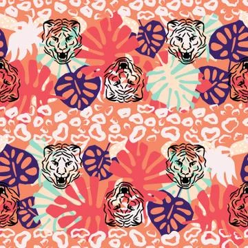 Jungle seamless vector pattern with wild cats and tropical plants in red coral 스톡 일러스트