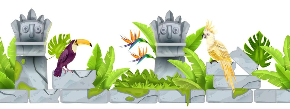 Jungle stone seamless border, vector tropical cartoon background, parrot 스톡 일러스트