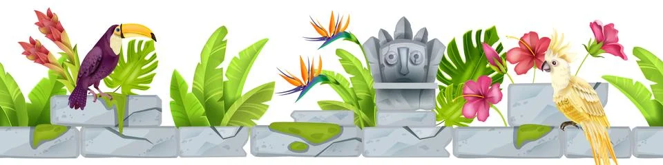 Jungle stone seamless vector border, tropical rocks frame, toucan, parrot イラスト素材