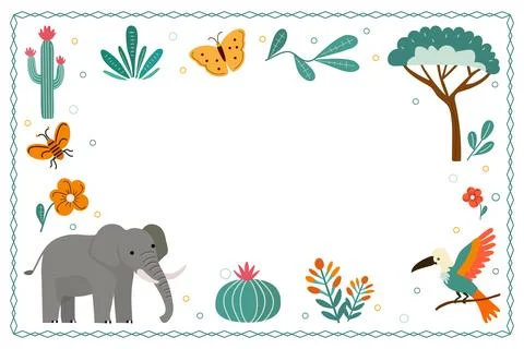 Jungle-themed border frame with elephant, toucan, plants, and insects for n.. Ilustración de archivo