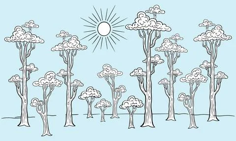 Jungle trees background hand drawn vector illustration Stock Illustration