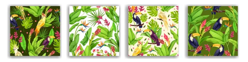 Jungle tropical vector seamless pattern set, exotic paradise background 스톡 일러스트