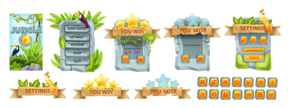 Jungle UI game vector set, tropical stone menu background kit, yellow buttons Illustrazione stock