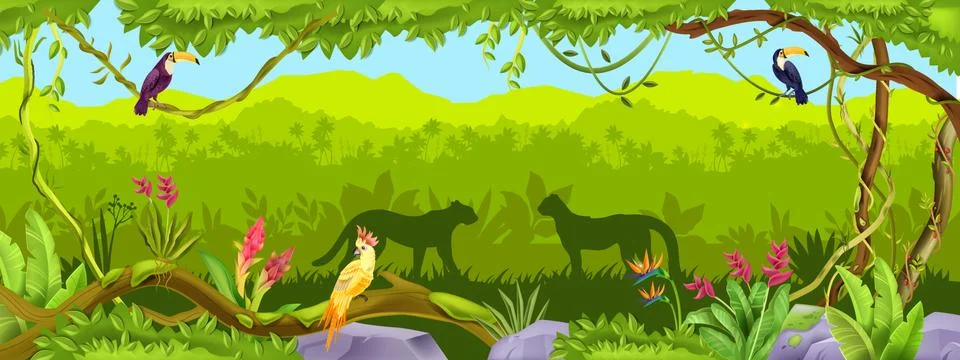 Jungle vector forest background, exotic nature wood thicket landscape Stock Illustration