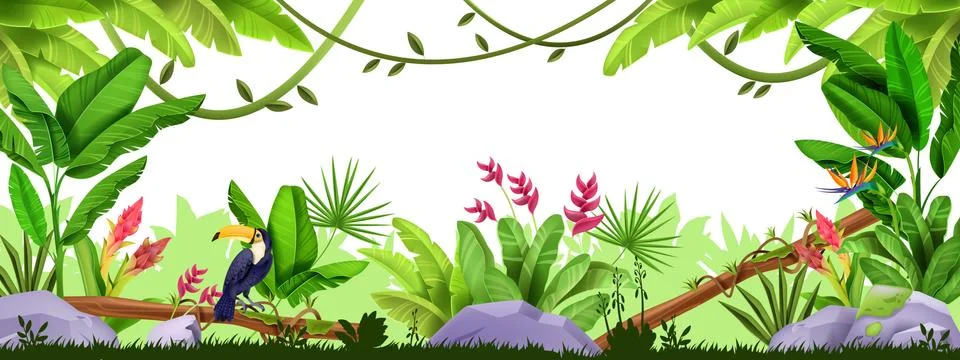 Jungle vector frame, rainforest exotic border, wildlife tropical nature 스톡 일러스트