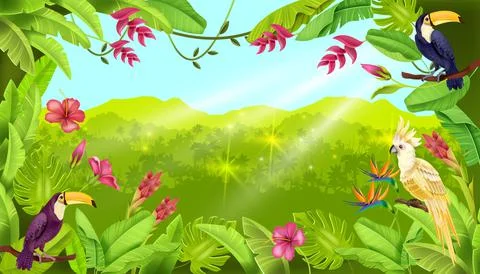 Jungle vector landscape, tropical forest background, toucan, exotic parrot 스톡 일러스트