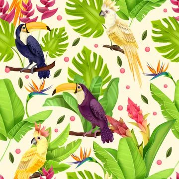 Jungle vector seamless pattern, exotic birds, paradise parrot, toucan, banana Stock Illustration