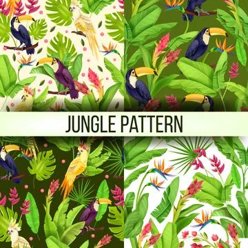 Jungle vector seamless pattern exotic collection, parrot, toucan Illustrazione stock