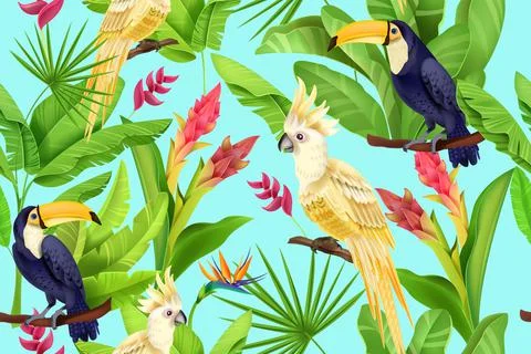 Jungle vector seamless pattern, summer floral exotic texture, toucan, parrot 스톡 일러스트
