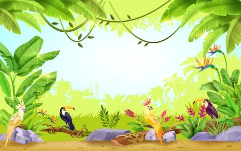 Jungle vector tropical rainforest frame, nature paradise exotic background Ilustración de archivo