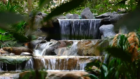 Jungle waterfall cascade in tropical rainforest with rock and turquoise blue pon Vídeos de archivo 145886404