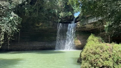 Jungle Waterfall Cascading into Green Pool, Lush Tropical Forest, Upward Pan Stock Footage 325303954