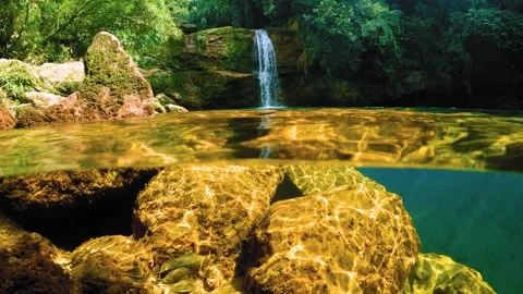Jungle waterfall with white waters running down Rocky ridge of hill to blue.. Stock Footage 271172076
