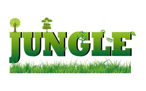 Jungle word typography with trees grass and green leaves. Illustrazione stock