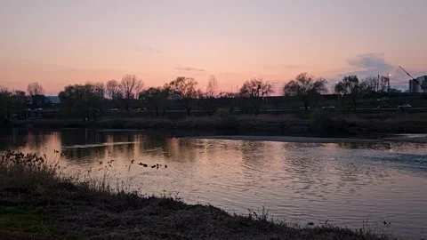 Jungnangcheon Sunset River with Passing Traffic and Ducks Seoul Vídeos de archivo 331297212