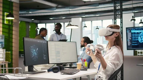 Junior dev using virtual reality at work, testing generative AI machine learning Stock Footage 313165790