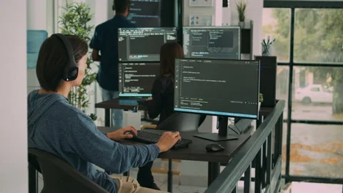 Junior developer programming code on terminal window, typing server information Stock Footage 227617047