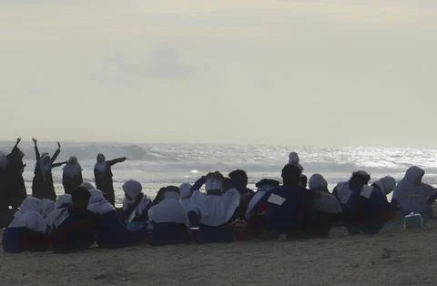 Junior High School Students in Cipatujah Beach Stock Photos