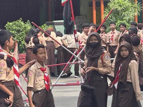 Junior high school students using Boy Scouts uniform Stock Photos