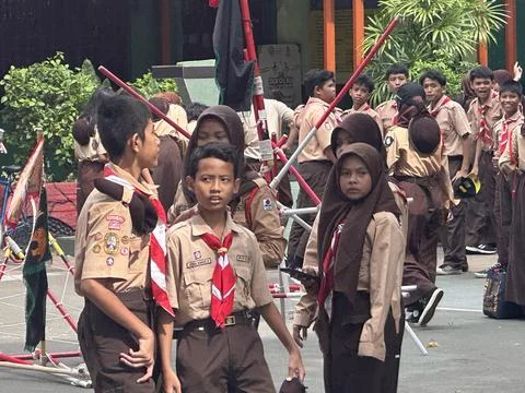 Junior high school students using Boy Scouts uniform Stock Photos