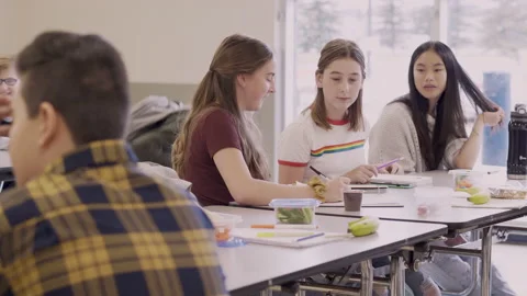 Junior high students eating and studying in school cafeteria Stock Footage 220945475
