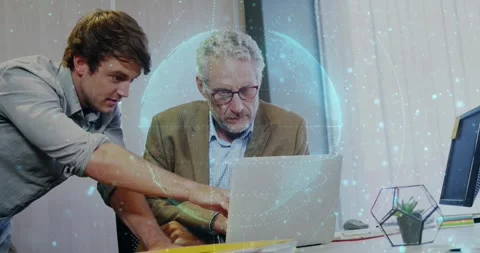 Junior leaning and pointing at laptop keys, causing hologram shifting and Stock Footage 331125504