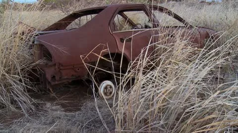 Junk car dry grass Stock Footage 8852656