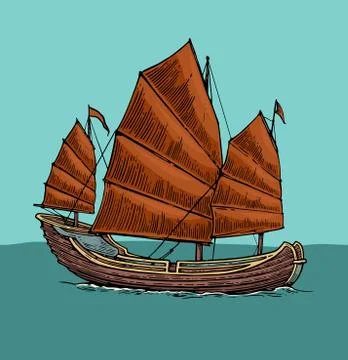 Junk floating on the sea waves. Hand drawn design element sailing ship. Vintage Illustrazione stock