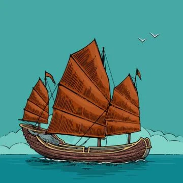 Junk floating on the sea waves. Hand drawn design element sailing ship. Vintage Stock Illustration
