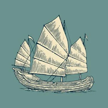 Junk floating on the sea waves. Hand drawn design element sailing ship. Vinta Stock Illustration