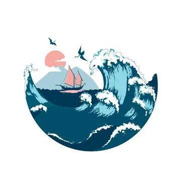 Junk floating on the sea waves. Hand drawn design element sailing ship. Vin.. Stock Illustration